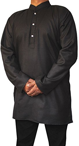 MapleClothing Baumwolle Herren Kurze Kurta Kleid Shirt Indien Mode Kleidung (Schwarz, XL) Cover