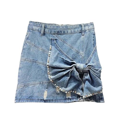 Jupe en jean avec nœud 3D et perles pour silhouette galbée