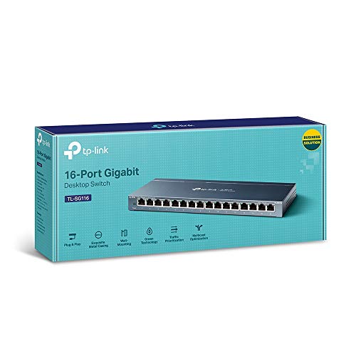 TP-Link TL-SG116 Gigabit Ethernet de 16 Puertos (Conmutador no Gestionado, Plug and Play, Metal, Escritorio, Montaje en Bastidor, sin Ventilador, Vida ÚTI Limitada)