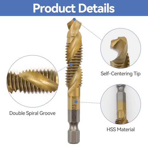 MISIQIMA 6 teilig Gewindeschneider Set, HSS Gewindebohrer Set M3 M4 M5 M6 M8 M10, 1/4 Zoll Metrischer Sechskantschaft Maschinengewindebohrer für Holz, Metall und Kunststoff