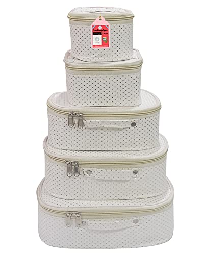 Luces 5 Pc Different Sizes Fabric Bag Set Purse Makeup Bag Toiletry Travel Cosmetic Storage Box Shaving Kit Wardrobe Organizer Jewellery Pouch for Women (Cream)