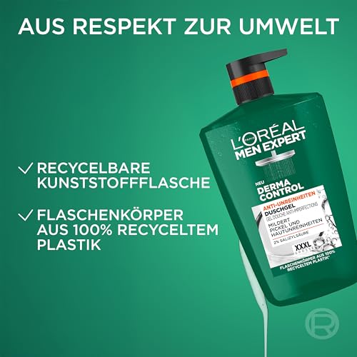 L'Oréal Men Expert XXXL Duschgel und Shampoo für Männer, Duschbad zur Reinigung von Körper, Haar und Gesicht, Herren Körperpflege für zu Unreinheiten neigende Haut, Derma Control, 1 x 1000 ml