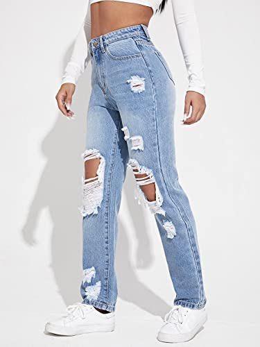 WDIRARA Women's High Waisted Ripped Straight Leg Jeans Cut Out Button Denim Pants3