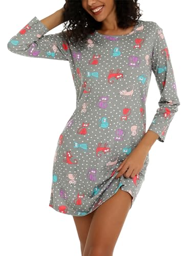 ENJOYNIGHT Camicia da notte da donna, in flanella, a maniche lunghe, con bottoni, con tasche, Viola a quadri, L