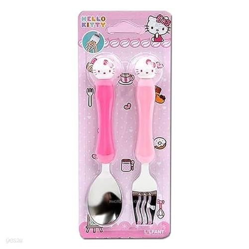 JoseonGotElephant - Juego de cubiertos de acero inoxidable con diseño de Hello Kitty, cuchara y tenedor + almohadilla de algodón JoseonGotElephant