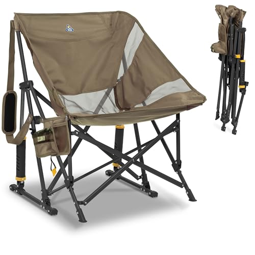GCI Outdoor – Pod Rocker – Faltbarer Campingstuhl mit patentierter Schaukelfunktion – Relax-Sitzposition mit breiter Sitzschale – bis 130 kg belastbar – Klappbar, Getränke- & Handyhalter – Beige