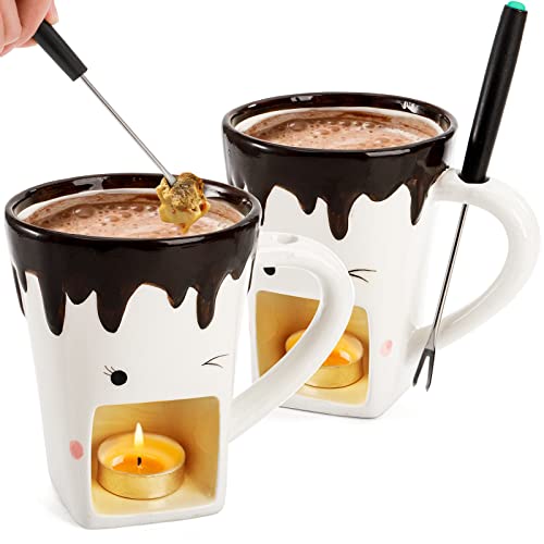 Dicunoy Set Of 2 Fondue Mugs With Forks, Ceramic Personal Chocolate Melting Cup For Cheese, Individual Ceramic Butter Warmers Pot, Tealight Candle Mini Simmer Mug For Caramel, Tapas #TOP1