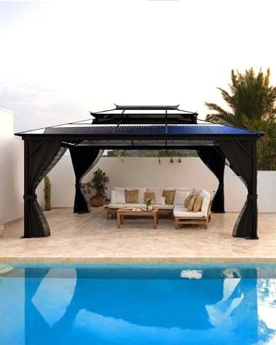 Hardtop Gazebo 12'x16' for All Weather, Double Polycarbonate Sheets Roof, Aluminum Alloy Frame, Net, and Curtain, Permanent Building for Patio, Deck, Backyard, Lawn, and Garden, Gray