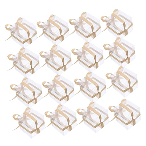 GOOHOCHY 50個クリアプラスチック正方形キャンディーボックス 蝶結びリボン付き 折りたたみ式包装箱 結婚式やパーティー向け透明 ケース 小物