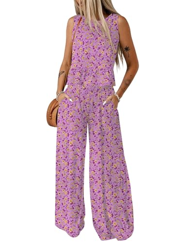 Image of Dokotoo Pants Sets Women 2 Piece Outfits Sleeveless Round Neck Tank Tops Matching Sets for Women Elastic Waist Wide Leg