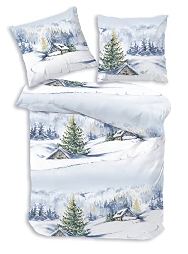 one-home Winter Bettwäsche 135x200 cm Schnee Landschaft blau weiß Biber Baumwolle B-Ware - Image 4