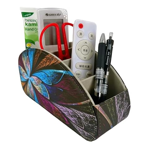 PU Leather Remote Control Holder,TV Remote Caddy with 5 Compartments,Bedside Table or Desktop Organizer for TV,DVD,Blu-Ray,Heater Controllers and Glasses,Media Player,Pen or Pencil Storage(Pansy) Cover
