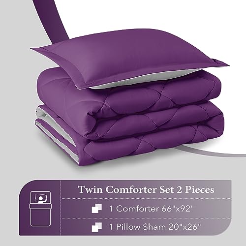 Image of downluxe Twin Comforter Set - Purple and Grey Twin Comforter, Soft Bedding Sets for All Seasons -2 Pieces - 1 Comforter (66 inchx92 inch) and 1 Pillow Sham(20 inchx26 inch)