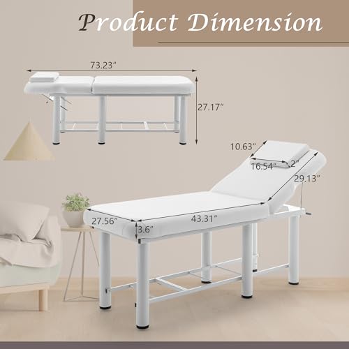 Jaxilyn Massage Bed Stationary Professional Adjustable Massage Table Spa Bed 73\"x27.5\" Stationary Physical Therapy Table with Memory Foam Salon Bed w/Removable Headrest White