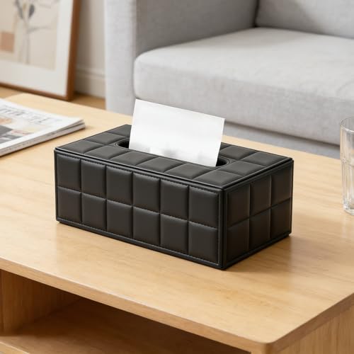 Taschentücher Box, Kosmetiktücherbox Tücher Box aus Leder Magnetverschluss Design Tissue für Esszimmer Schlafzimmer Büro Couchtisch Auto, 25×13.3×9.6 cm, Schwarz