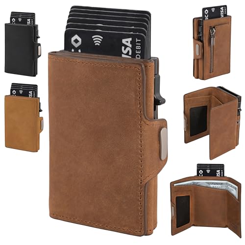 Slim RFID Wallet for Men – Minimalist Aluminum with Real Leather Credit Card Holder with Coin Purse and Cash Slot – Perfect Front Pocket Wallet for Gift, Travel, and Everyday Carry.