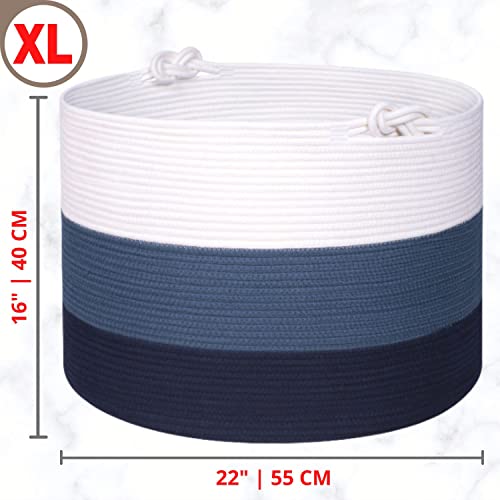 Mintwood Design Xxxxlarge 22 X 16 Inches Decorative Cotton Rope Basket, Blanket Basket Living Room, Laundry Basket, Toy Storage Baskets Bin, Round Woven Basket For Pillows, Towels, 3-Tone Blue #TOP1