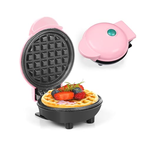 AHDXKUE Mini Waffle Maker Non-Stick Waffle Iron Machine, Mini Pancake Maker with Power/Ready Indicator Light Waffle Maker for Waffles, Sweet/Savoury Snacks Desserts, Pink