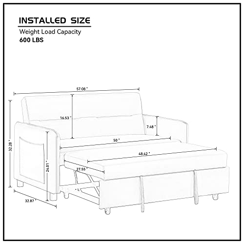 Fulife 57'' Convertible Microfiber Upholsterd Sofa With Pull-Out Sleeper,3-In-1 Multi-Functional Adjustable Loveseat Bed,Modern 2-Seats Futon Couch W/Side Pocket&Pillows,Lounge Sofá For Living Room #TOP5