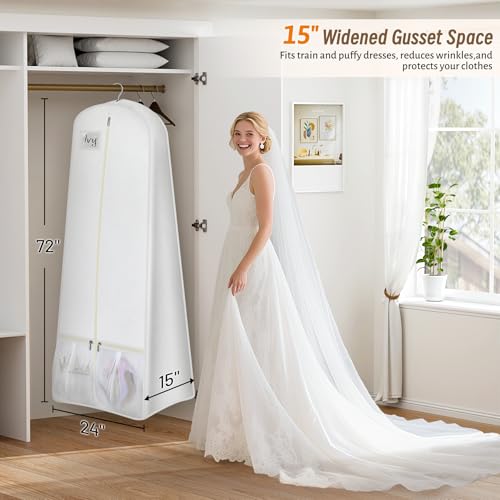 KIMBORA 72” Wedding Dress Garment Bag with 15” Gusset Bridal Dress Bags for Gowns Long Storage and Travel Large Mesh Pockets Hanging Garment Cover for Women, White3