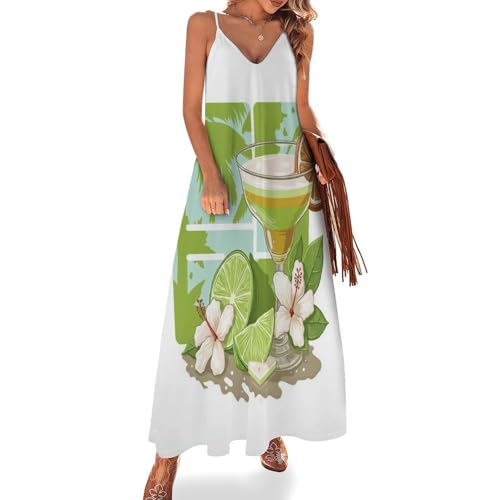 Robe bretelles spaghetti col en V style Hawaï ample pour l'été blanc et vert