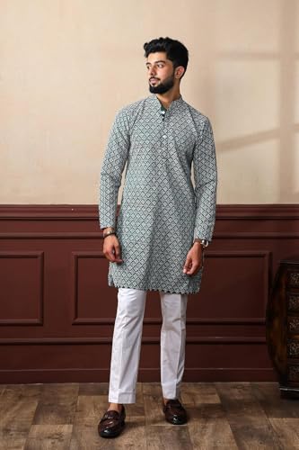 Image of LookMark Men's Printed Silk Blend Kurta with Mandarin Collar, Full Sleeves, Straight Fit Traditional Ethnic Wear