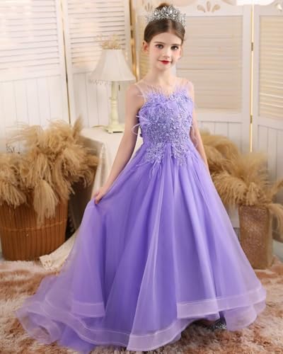 Lace Appliques Tulle Flower Girl Dresses Beaded Pageant Dresses with Train Sleeveless Ball Gown Prom Dress3