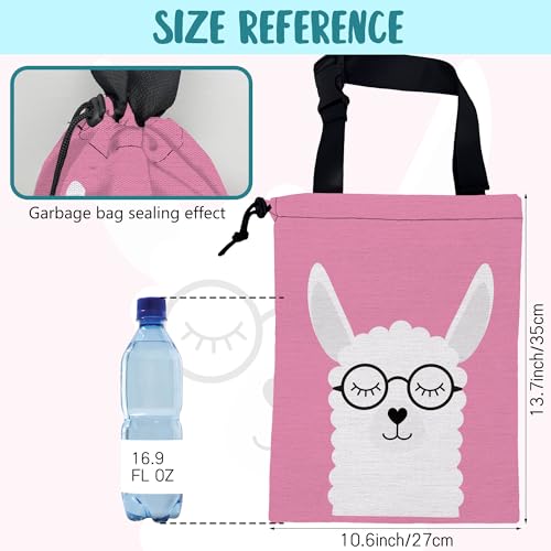 Image of Car Garbage Bag Cute White Alpaca in Glasses Drawstring Car Trash Bag Hanging for Back Seat with Adjustable Buckle Canvas Vehicle Trash Can Easy-to-Install