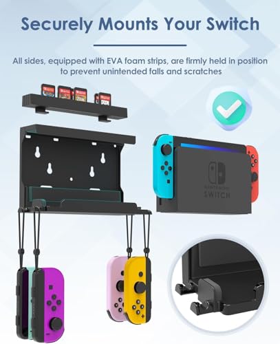 Image of TCOS TECH Wall Mount Stand for Nintendo Switch and Switch OLED, Metal Wall Mount Kit Shelf Accessories with 28 Game Card Holders and 4 Joy Con Hanger, Organize & Safely Store Switch Console Near TV