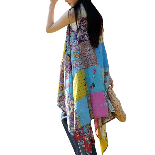 Summer Floral Patchwork Sleeveless Vest Boho Asymmetrical Hem Lightweight Long Cardigan
