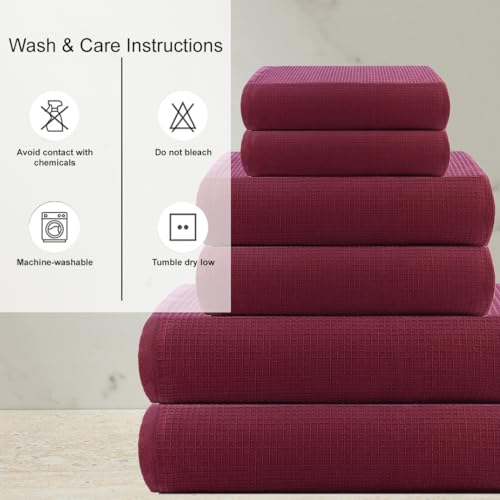 Image of Casa Copenhagen, Egyptian Cotton - Waffle Terry Towel 6 Piece Set, Includes 2 Bath Towels 2 Hand Towels 2 Washcloths - Burgundy