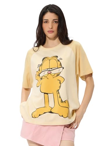 Image of The Souled Store Garfield: Purrfectly Lazy Women and Girls Short Sleeves Round Neck Yellow Graphic Printed Cotton Oversized T-Shirts