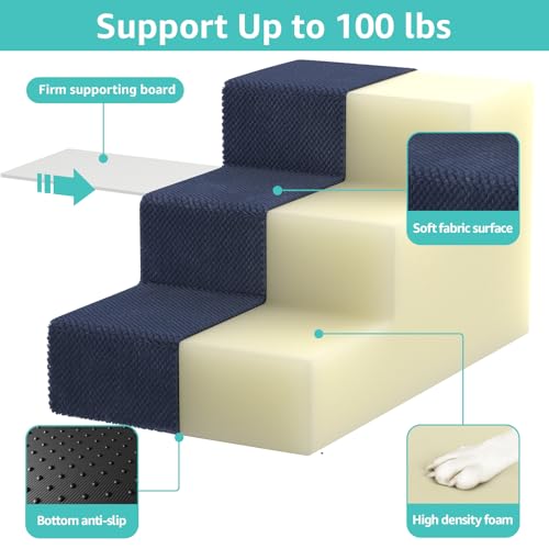 Image of YENING Large Dog Stairs for High Beds - Extra Wide Pet Steps for Large Dogs to Get on Tall Bed 3 Deep Step Cat Ramp for Couch Navy Blue