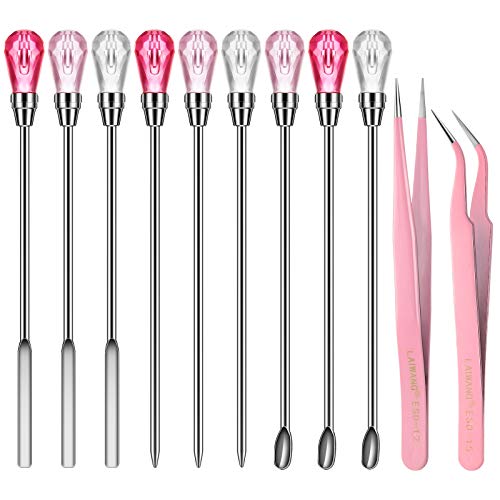 11 Pieces Resin Spoon Tools Kit, 9 Pieces Stirring Poke Needle Scoop and 2 Pieces Tweezers for Glitter and Silicone Resin Mold Jewelry Making