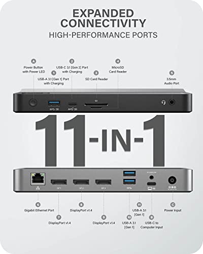 ALOGIC MX3 4K Triple Display 11-in-1 Docking Station with 100W Laptop Charging for windows, 3x DisplayPort, 3x USB-A, USB-C, 3.5mm TRRS Audio/Microphone Jack, RJ45 Ethernet, SD & Micro SD Card Reader.