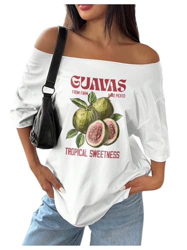SOLY HUX Women's Graphic Tees Off The Shoulder Short Sleeve Oversized T Shirt Vintage Summer Tops