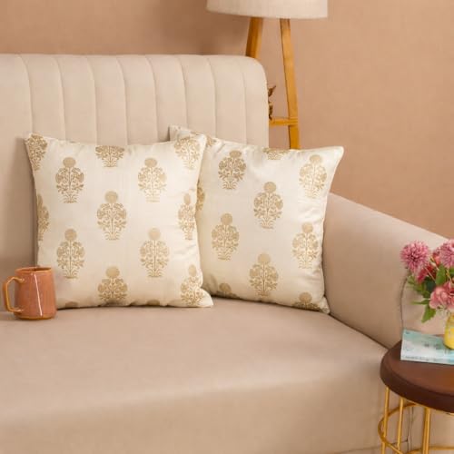 Image of DEVSANG Foil Velvet Cushion Covers 16 inch x 16 inch Set of 2 pc, Cream