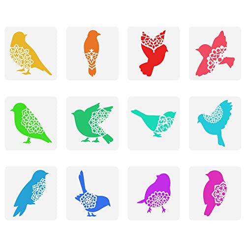FINGERINSPIRE 12 Pcs Oiseaux Pochoir 15x15cm Oiseaux Silhouettes Pochoir Oiseaux avec Motif de Fleurs Pochoir Pochoir Réutilisable pour Peinture Cuisson Artisanat Mur Décoration de Meubles