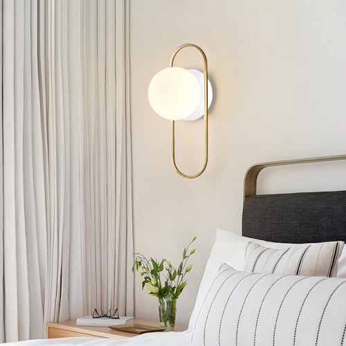 Image of Mid Century Modern Gold Wall Sconces Small Milk Glass Globe Wall Sconce Vintage Bedroom Wall Lamps Bathroom Lighting Fixtures Over Mirror