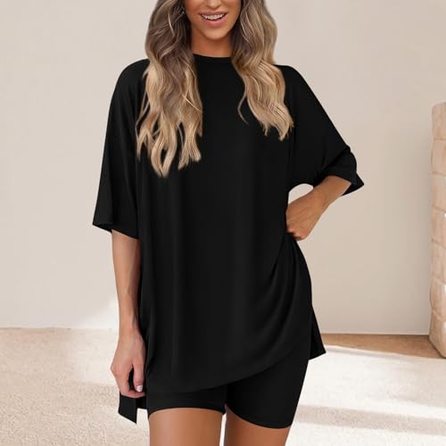 Womens 2 Piece Lounge Set Two Piece Set Matching Clothing Oversized Tshirts Biker Short Fashion Summer Travel Outfits3