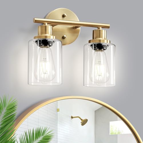 Image of 2-Light E26 Bathroom Light Fixtures, Modern Brushed Gold Vanity Lights for Bathroom with Clear Glass Shade, Mirror Kitchen Hallway Cabinet Living Room Sconces Wall Lights