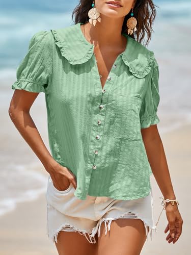 Image of Tankaneo Womens Puff Sleeve Shirts Peter Pan Collar Button Down Cotton Blouse Casual Summer Textured Tops