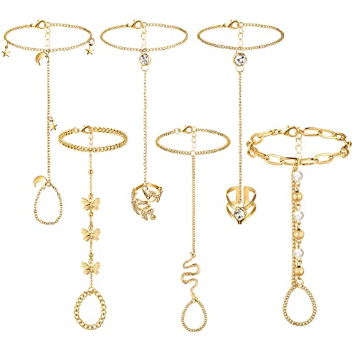Fumete 6 pcs Finger Ring Bracelet Linked Rhinestone Hand Harness Chain Slave Bracelet with Ring Everyday Jewelry for Women