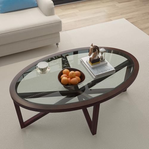 Fulocseny Glass Coffee Table Modern Simple Oval Transparent Tempered Glass Top and Wood Base, Office Terrace Study Accent Coffee Table Center Table, Cherry