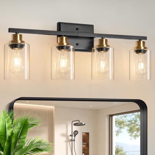 Image of Ascher Bathroom Light Fixtures, 4-Light Vanity Lights with Clear Glass Shade, Modern Black and Gold Wall Light for Mirror Bedroom Hallway Cabinet Porch