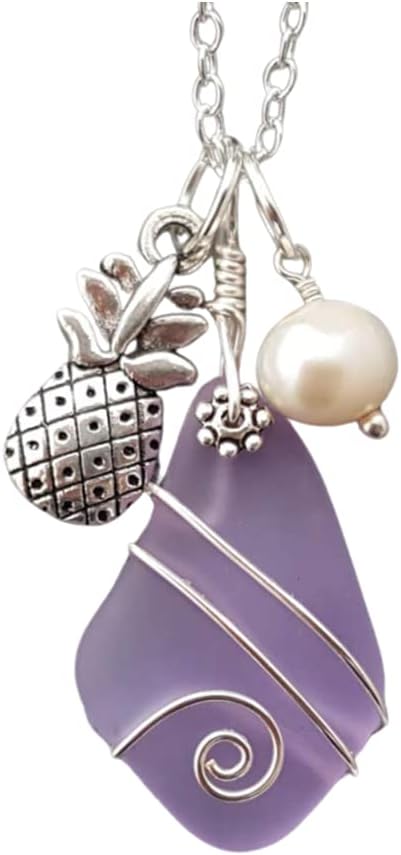 yinahawaii Handmade Sea Glass Necklace, Hawaiian Gift for Women, Wire Magical Color Changing Purple Necklace, Pineapple Pearl Necklace, Sea Glass Jewelry For Women (February Birthstone Jewelry)