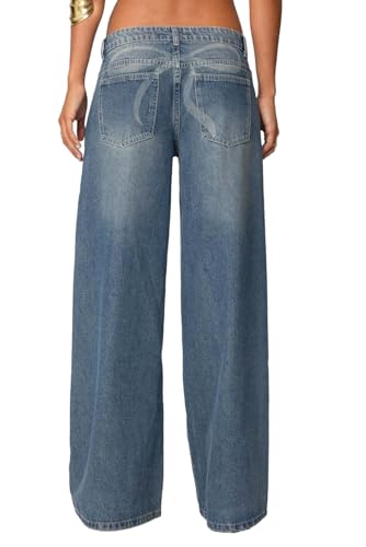 Women's Vintage Loose Fit Wide Leg Jeans Bow Print Back Mid Rise Distressed Trendy Straight Leg Denim Pants2