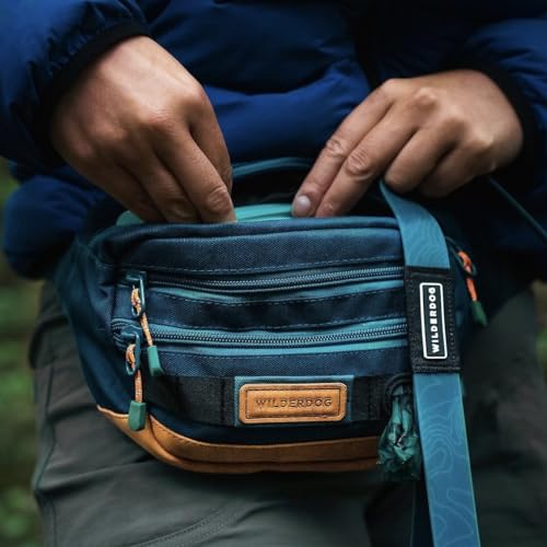 Image of Wilderdog Utility Fanny Pack stores Treats, Balls, Keys in 3 Pockets with adjustable strap and Poop Bag dispenser (Pacific Blue)