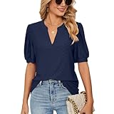 Women's casual V-neck short sleeve solid color cut-out short sleeve puff sleeve loose t-shirt fashion summer top(KK,M)