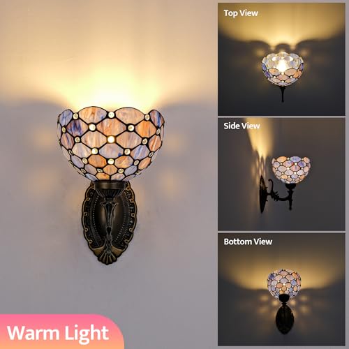 Image of Tiffany Wall Sconce Hand-Weld Stained Glass Bedside Lamp with Classic 8 Inches Lampshade for Bedroom Hallway Living Room Home Office (Blue Purple)